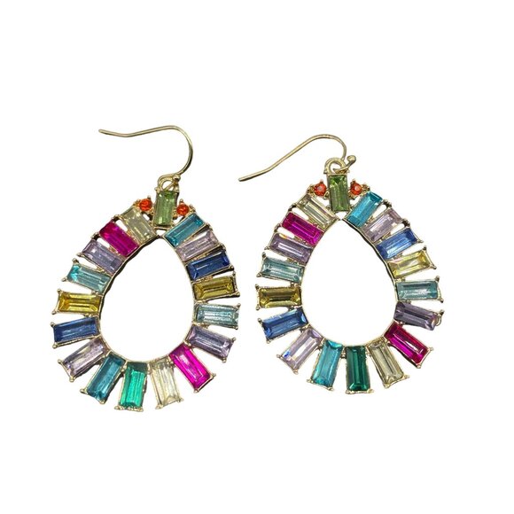 Multicolor Rhinestone Open Teardrop Earrings Gold Tone Rainbow Colorful - Picture 1 of 5